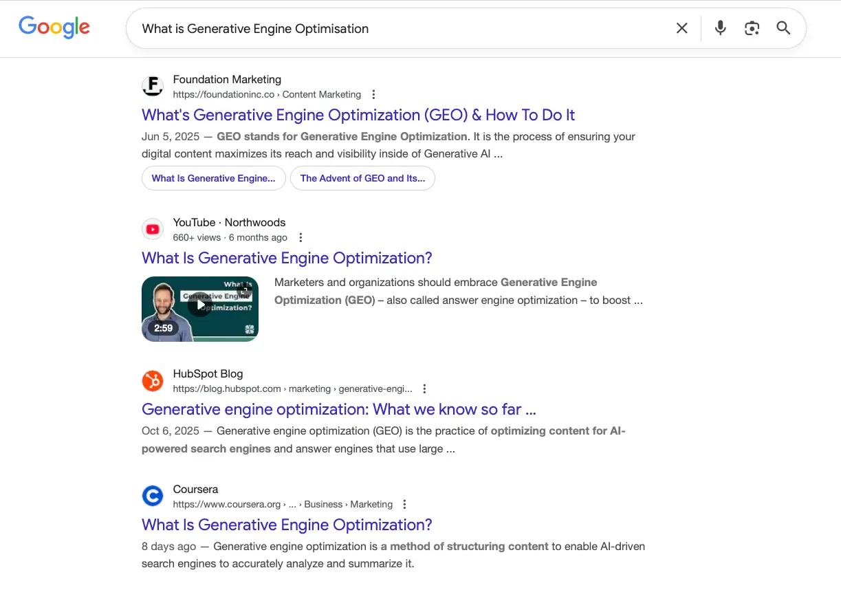 Search results page on Google with a list of blue link titles for “what is GEO?”, ready for user selection.