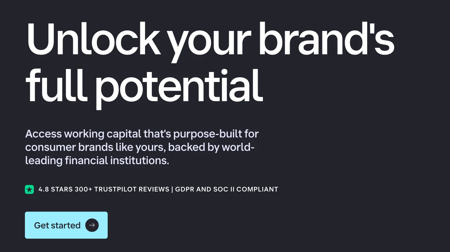 Hero section showcasing Trustpilot rating and GDPR/SOC 2 badges to reinforce trust and data security on a B2B fintech page of Wayflyer.