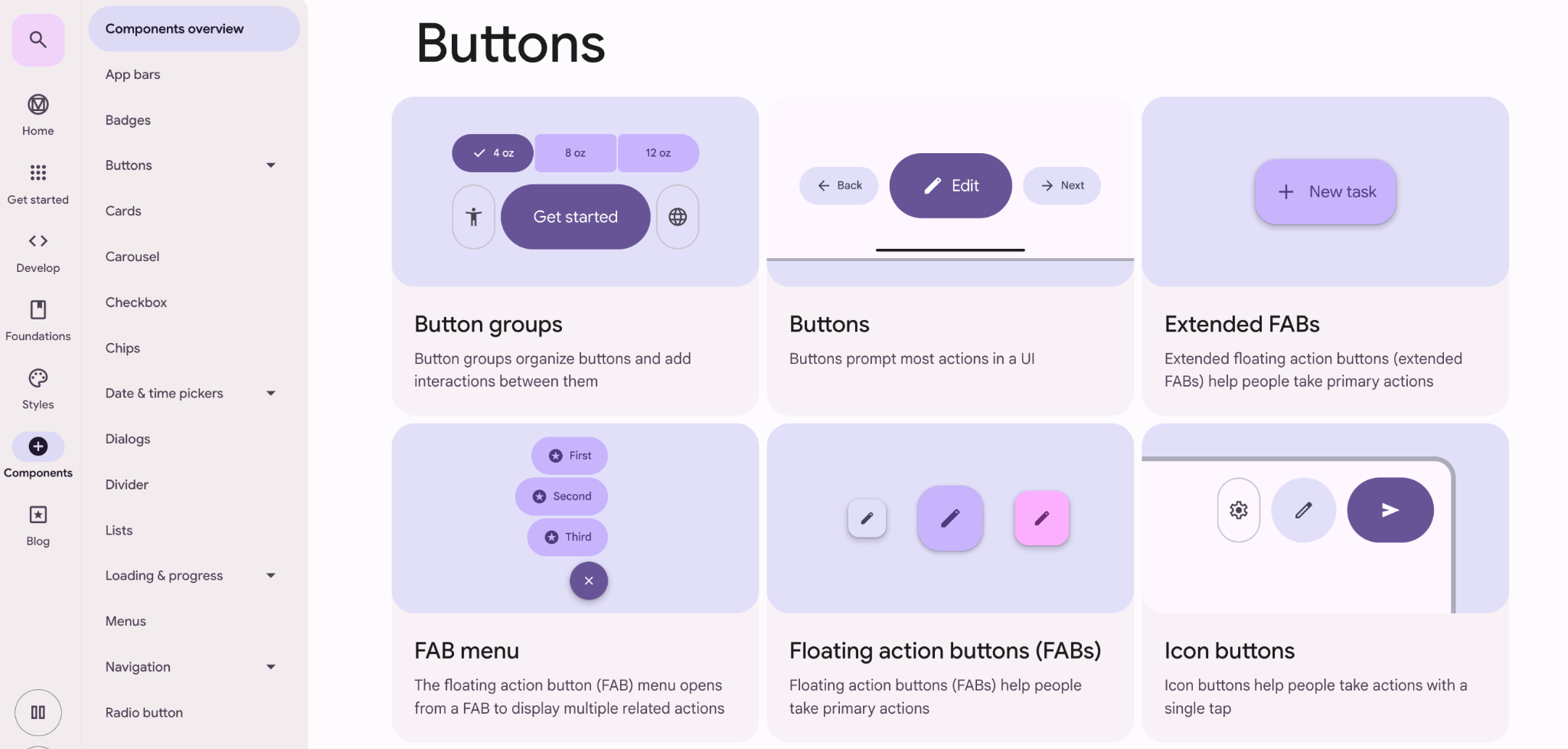 Google’s material design showing the buttons components