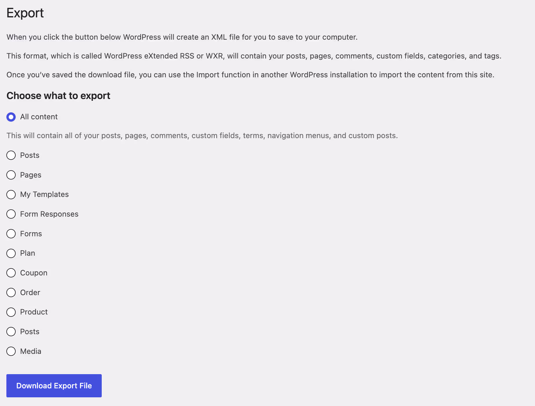 Screenshot of the WordPress export screen