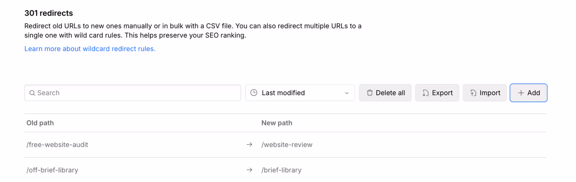 Screenshot of Webflow's 301 redirects panel
