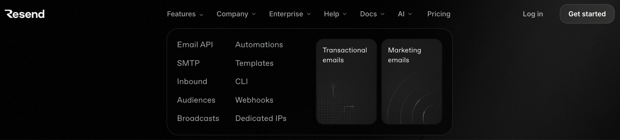 Resend.com’s top-level menu