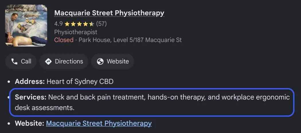 Google AI Overview for Macquarie Street Physiotherapy listing neck and back pain treatment and workplace ergonomic desk assessments