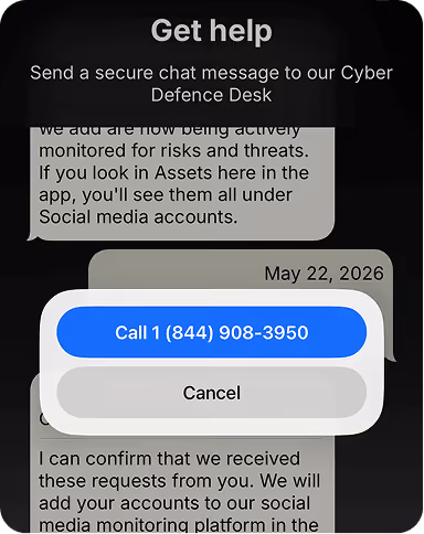 Richter Guardian app secure chat with the Cyber Defence Desk showing a conversation and one-tap call option