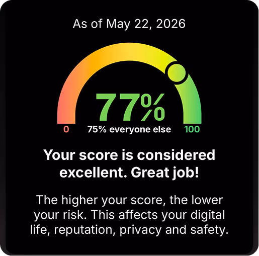 Richter Guardian security score gauge showing 77% rated excellent, compared to the 75% average, with a summary of digital risk factors