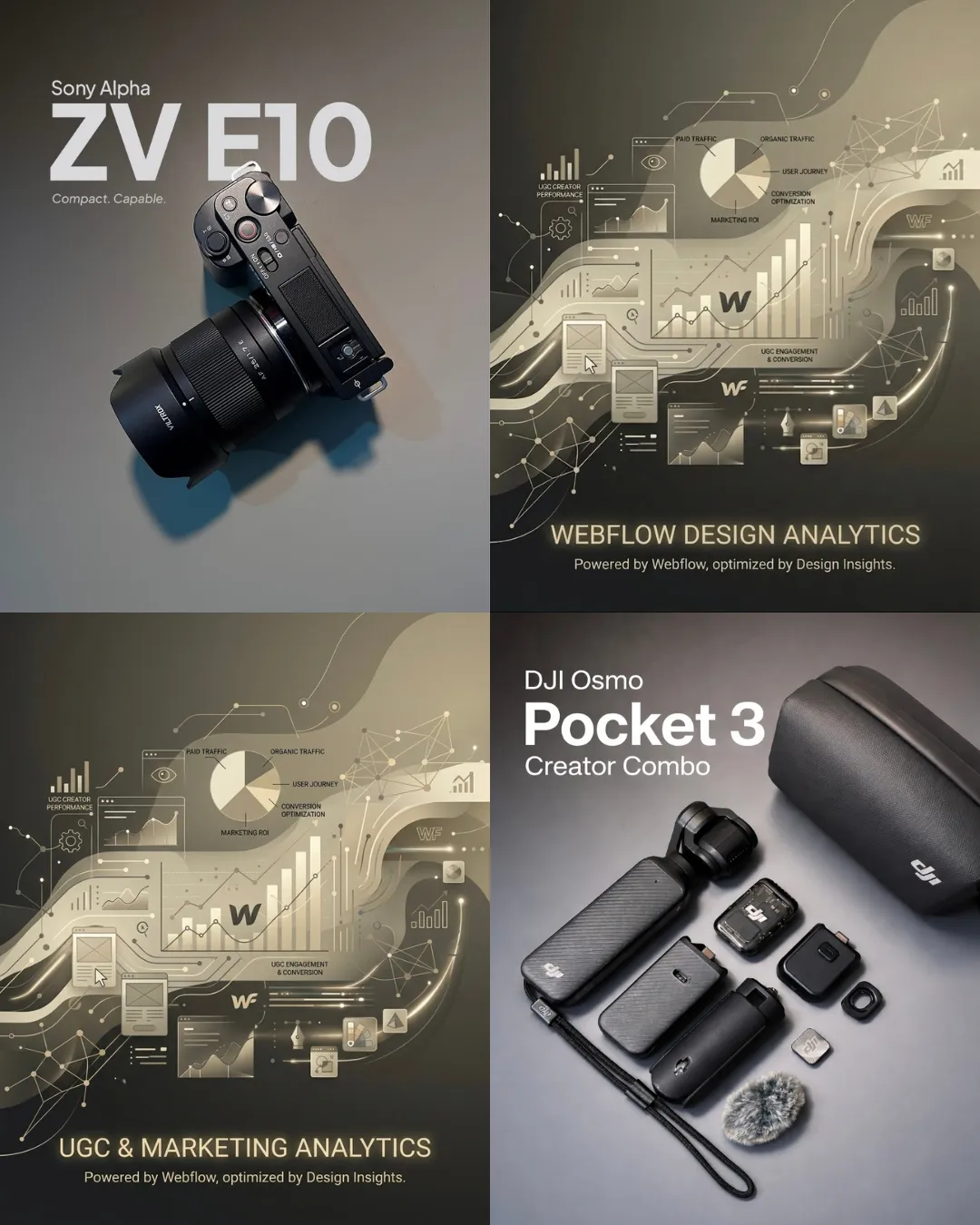 Sony Alpha ZV E10 Kamera und Webflow Design Analytics Dashboard Darstellung