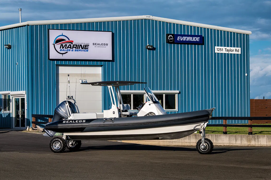 sealegs boat outside of marine warehouse