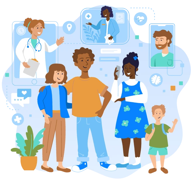 family and doctor/nurse illustration