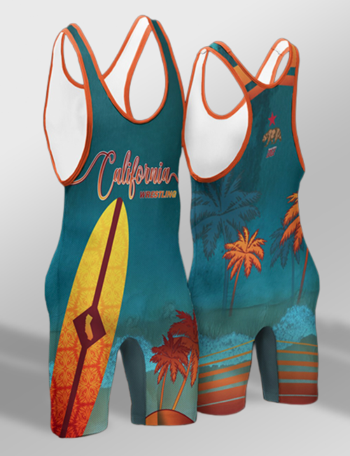 Two teal and orange wrestling singlets with California surfing theme, featuring a yellow surfboard, palm trees, and 'California Wrestling' text.