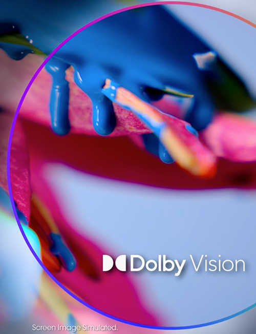 Abstract colorful close-up image with blue paint dripping and the Dolby Vision logo overlayed.