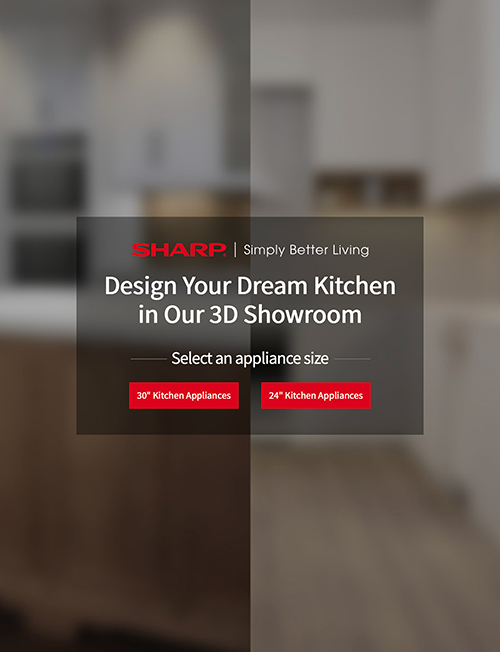 Sharp advertisement inviting users to design their dream kitchen in a 3D showroom with options to select 30" or 24" kitchen appliances.