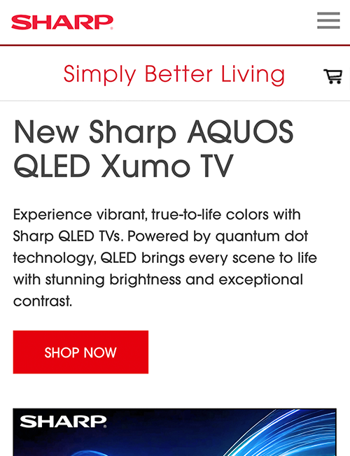 Sharp advertisement featuring the new AQUOS QLED Xumo TV with a description highlighting vibrant, true-to-life colors and quantum dot technology, and a red Shop Now button.