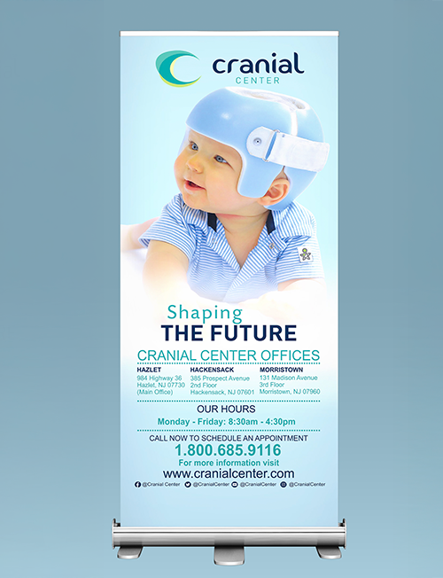 Pull-up banner for Cranial Center featuring a baby wearing a blue cranial helmet, with office locations, hours, and contact information.