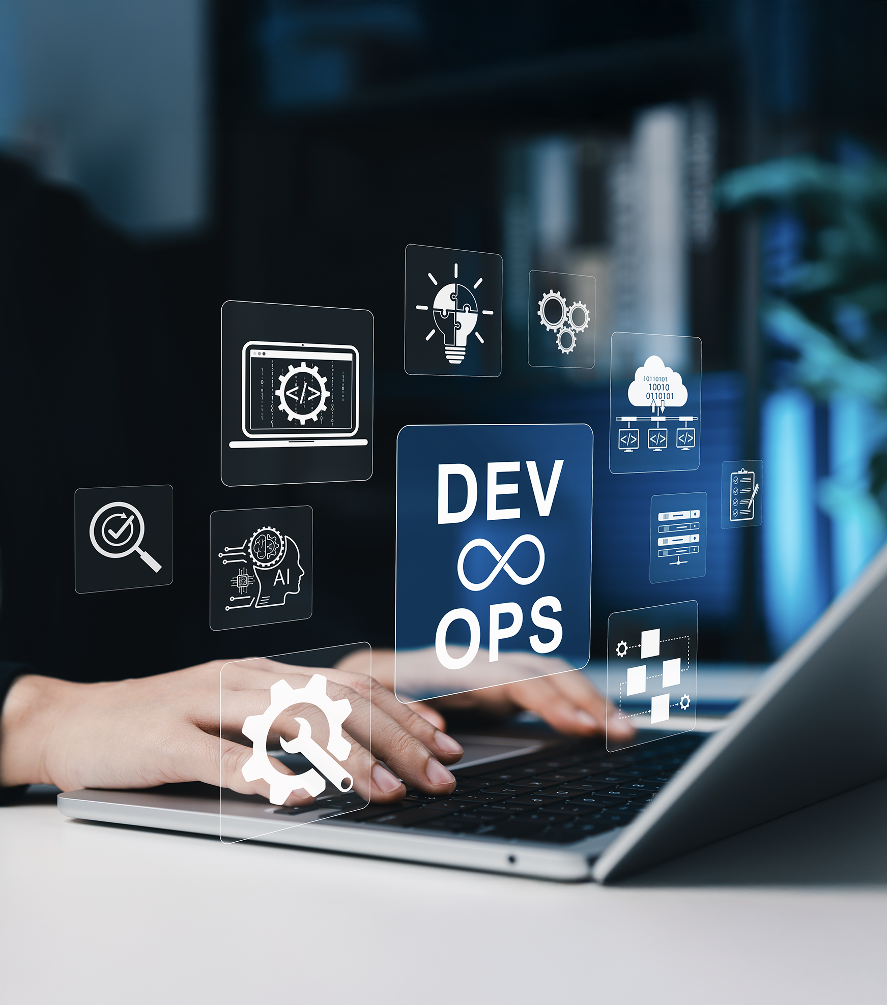 Person typing on a laptop with floating DevOps and technology icons including gears, AI, cloud computing, and workflow visualization.