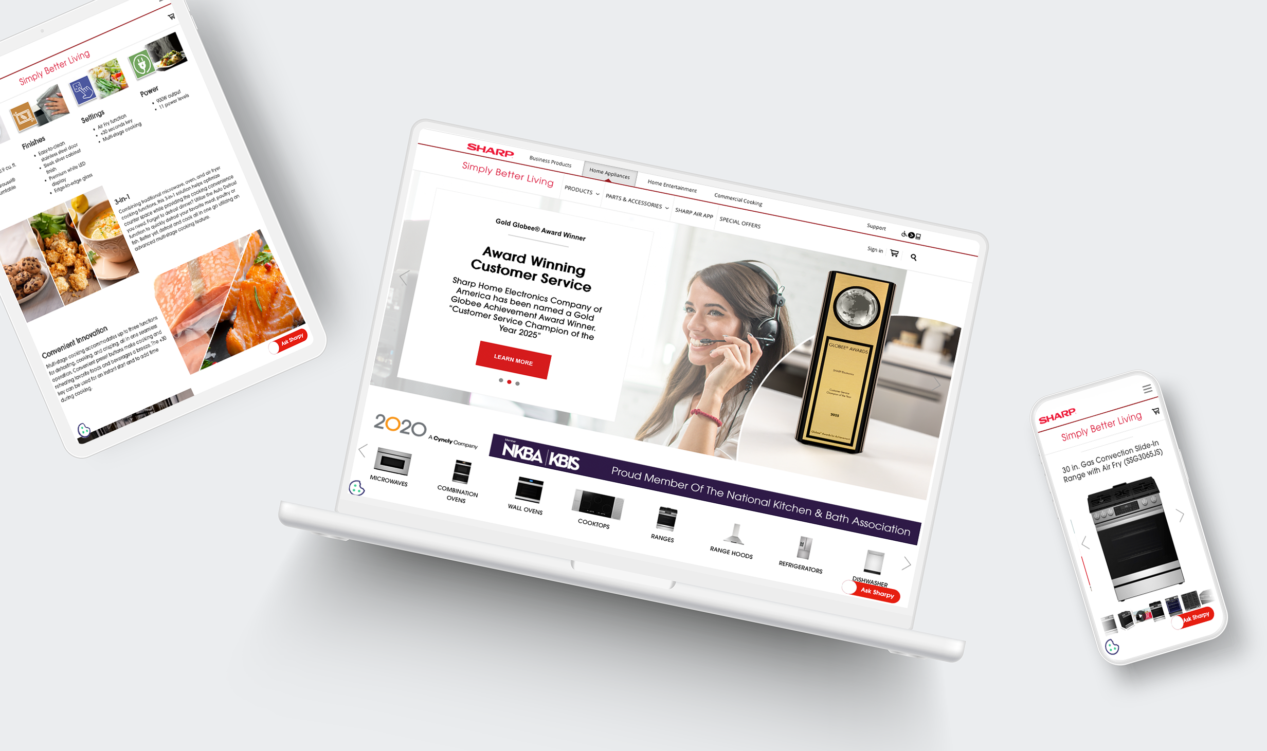 Tablet, laptop, and smartphone displaying Sharp's Simply Better Living website featuring product information, customer service award, and a kitchen appliance.
