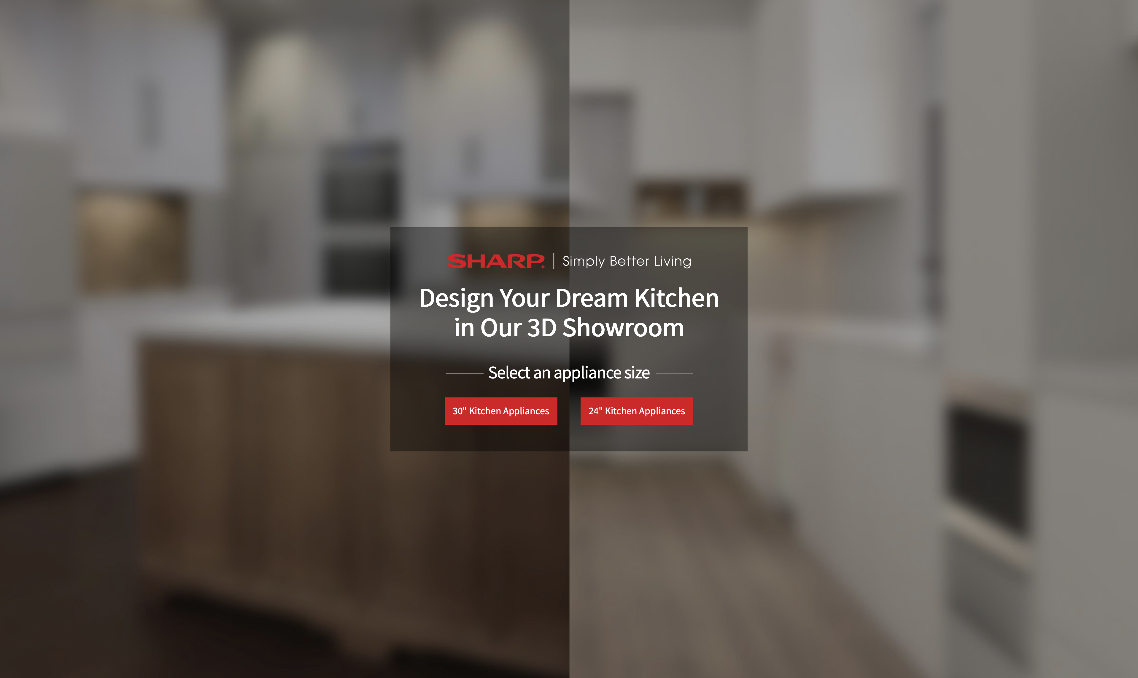 Blurred modern kitchen background with overlay text prompting to design a dream kitchen in a 3D showroom and select appliance size buttons.