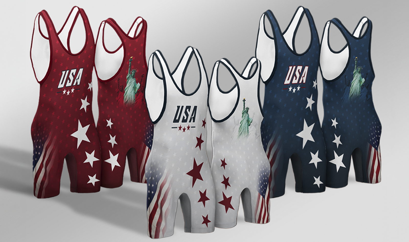 Collections of red, white, and blue USA-themed athletic singlets featuring stars, American flags, and the Statue of Liberty.