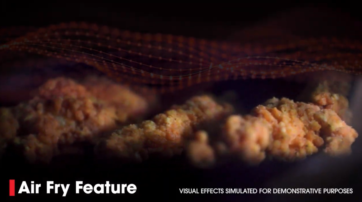 Close-up of crispy fried chicken pieces with text 'Air Fry Feature' and a note about simulated visual effects.