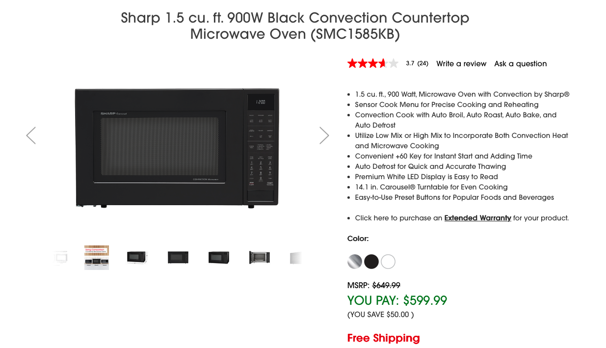 Black Sharp 1.5 cu. ft. 900W convection countertop microwave oven with digital display and control panel.