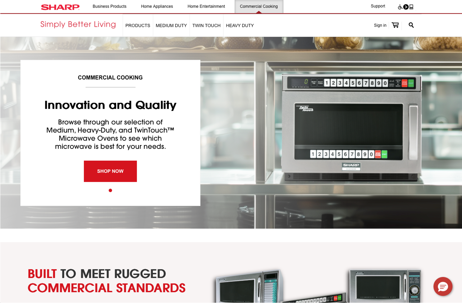 Sharp commercial microwave oven with numbered control buttons on a stainless steel shelf beside a promotional text box about innovation and quality in commercial cooking.