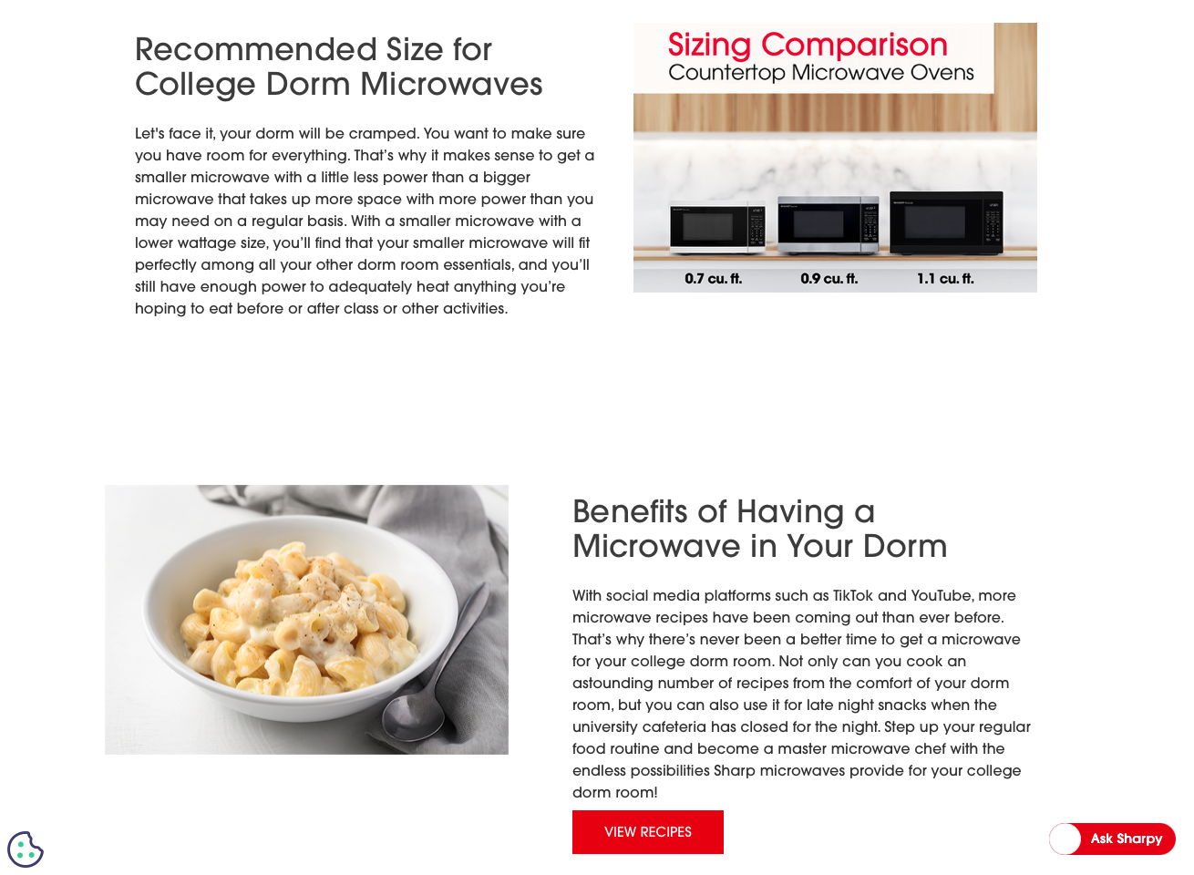 Comparison of three countertop microwaves sized 0.7, 0.9, and 1.1 cubic feet with text about recommended sizes for college dorms and benefits of having a microwave along with a bowl of macaroni and cheese.