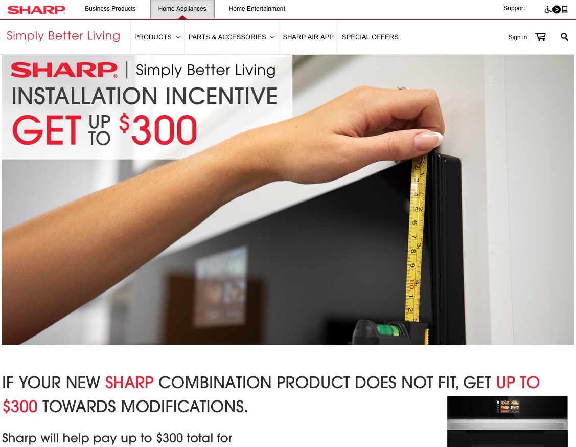 Hand measuring installation space with tape measure, advertising Sharp installation incentive up to $300.