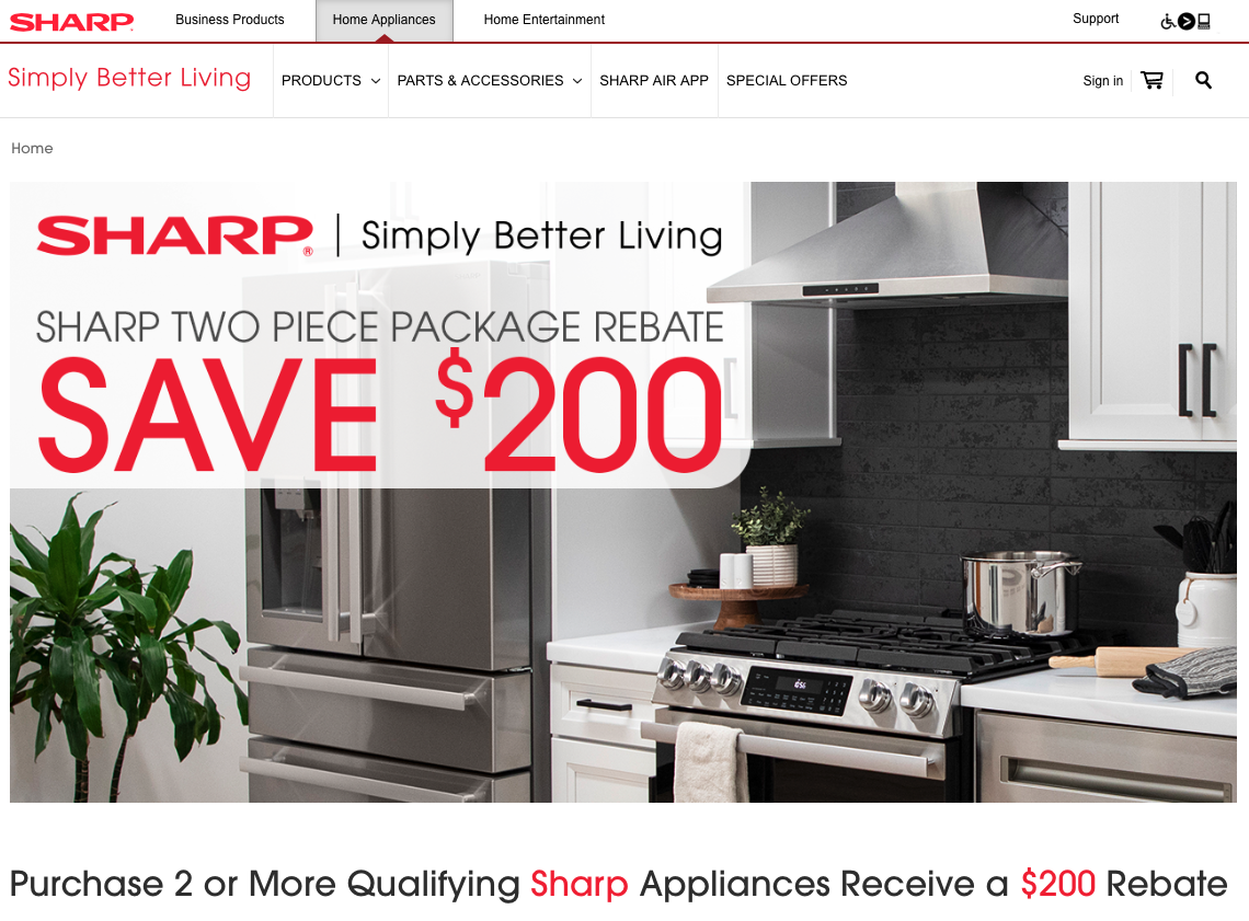 Sharp refrigerator and stove in a modern kitchen with text about saving $200 on Sharp two piece package rebate.