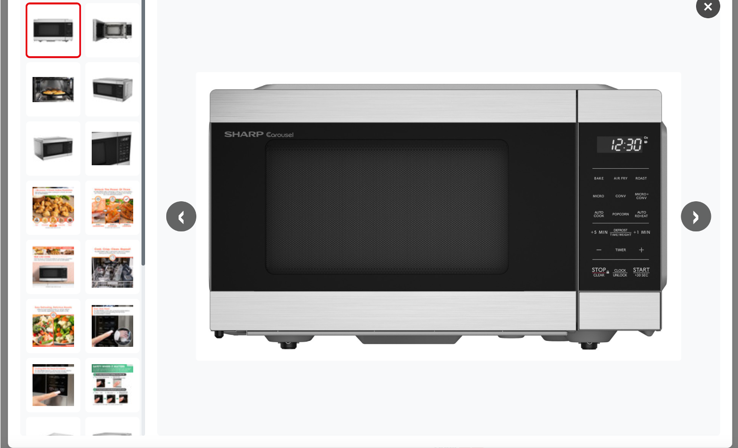 Sharp Carousel stainless steel microwave oven with digital display and control panel.