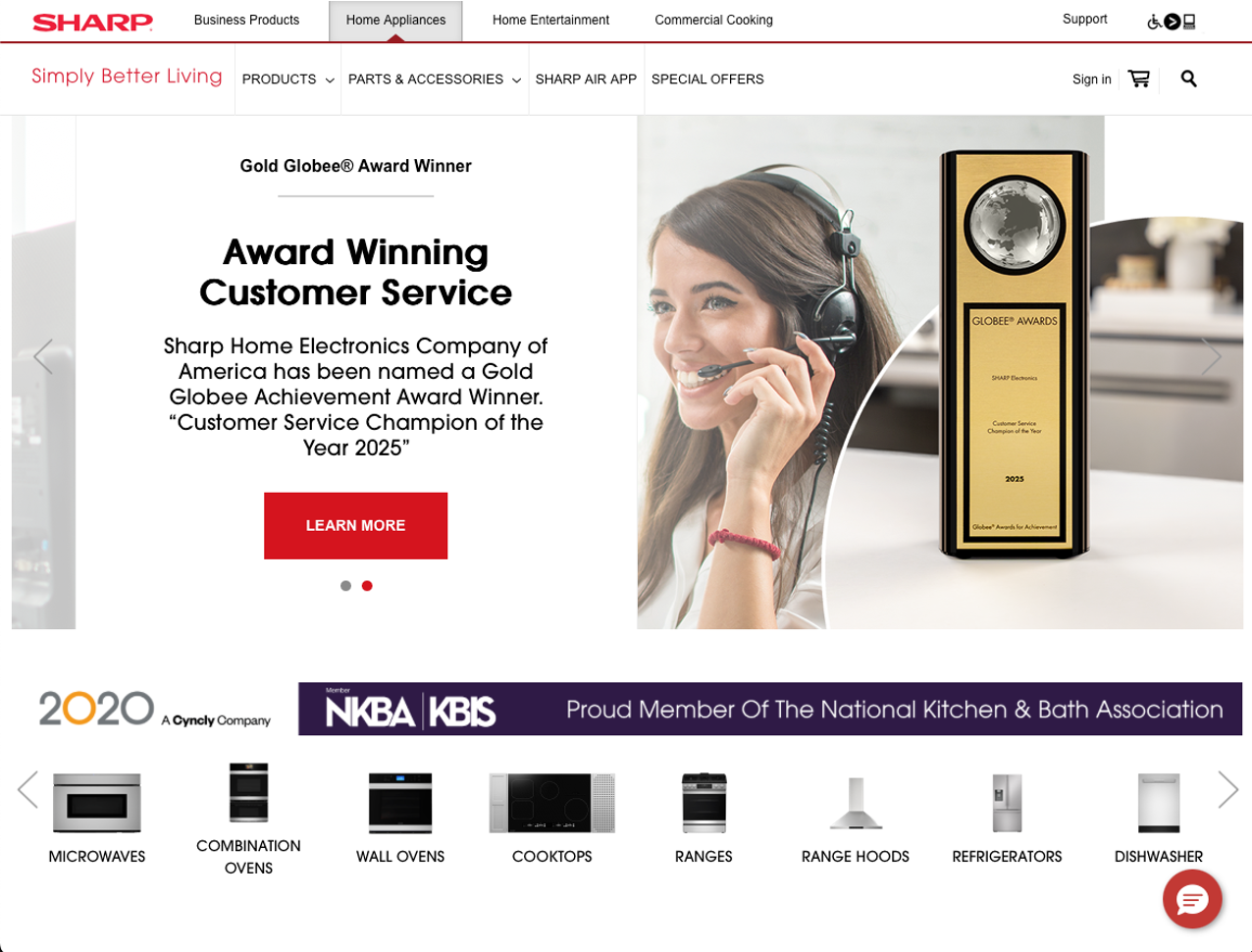 Sharp homepage showing award-winning customer service with a smiling headset agent and a Gold Globee Award trophy, plus icons of kitchen appliances below.