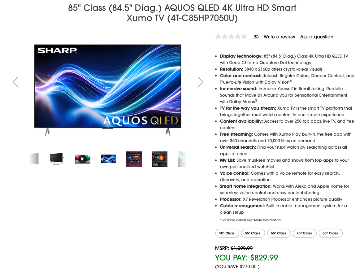 Sharp AQUOS QLED 85-inch 4K Ultra HD Smart TV displaying blue and purple wave graphics.