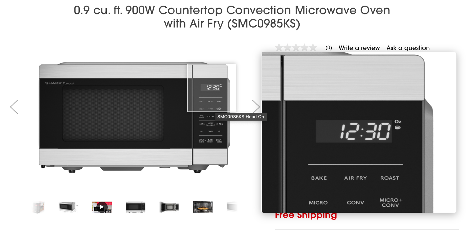 Sharp 0.9 cu. ft. 900W countertop convection microwave oven with Air Fry model SMC0985KS, showing front door and digital control panel with time 12:30.
