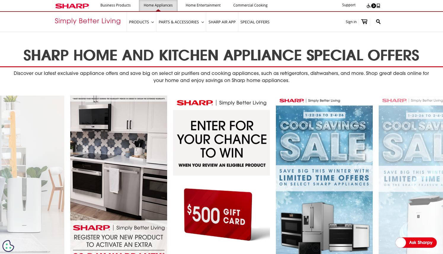 Sharp promotional webpage featuring home and kitchen appliance special offers including air purifiers, a $500 gift card chance, and winter sale on select appliances.