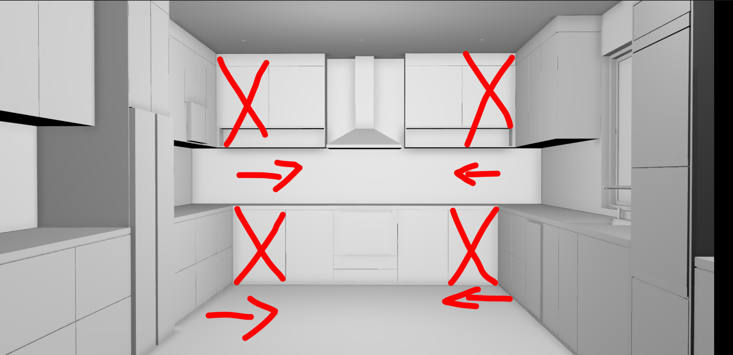 Monochrome 3D rendering of a modern kitchen with upper and lower cabinets; red X marks on four cabinets and red arrows pointing horizontally along the wall and floor.