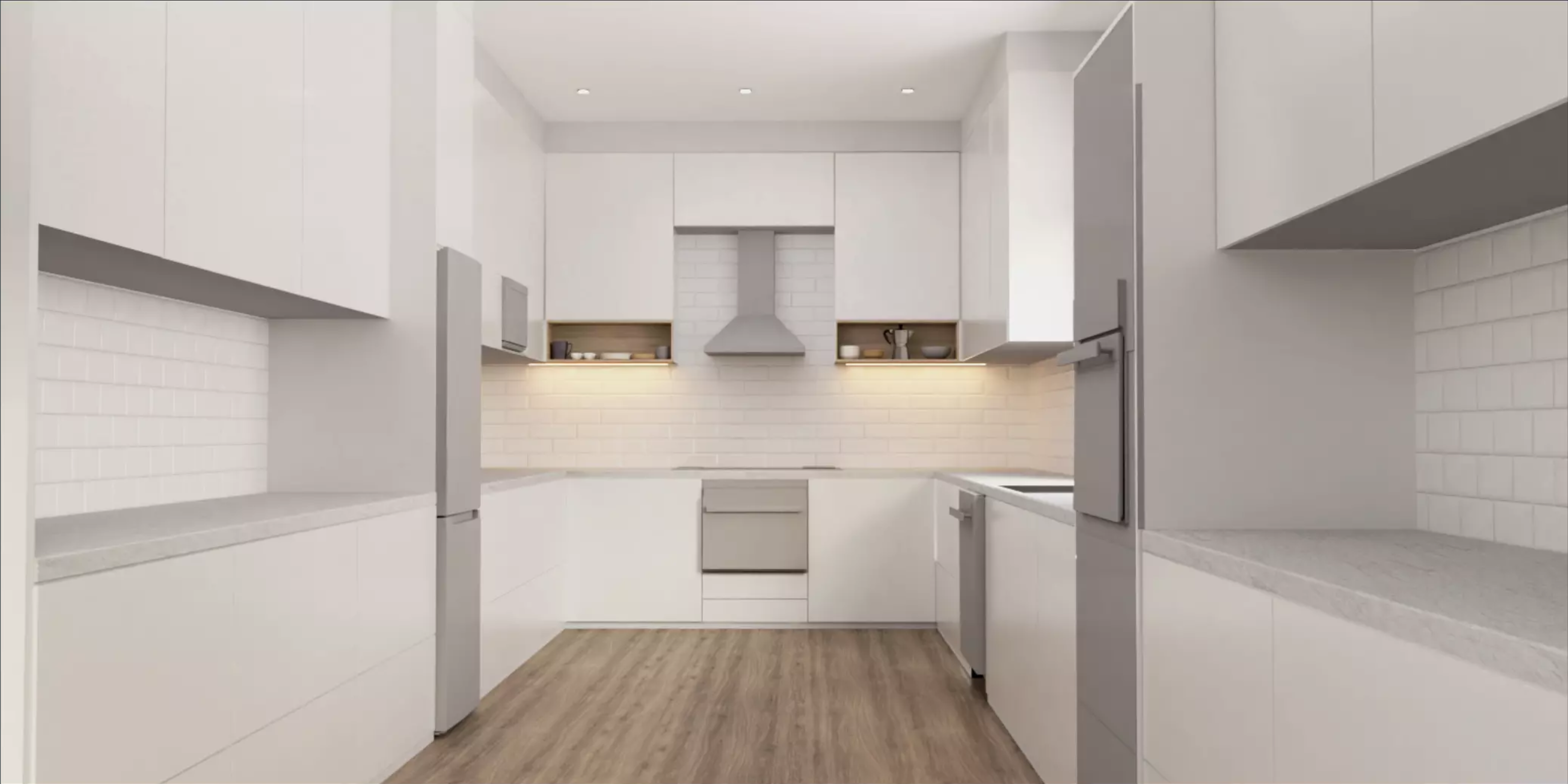 Modern kitchen with white cabinets, stainless steel appliances, subway tile backsplash, and wood flooring.