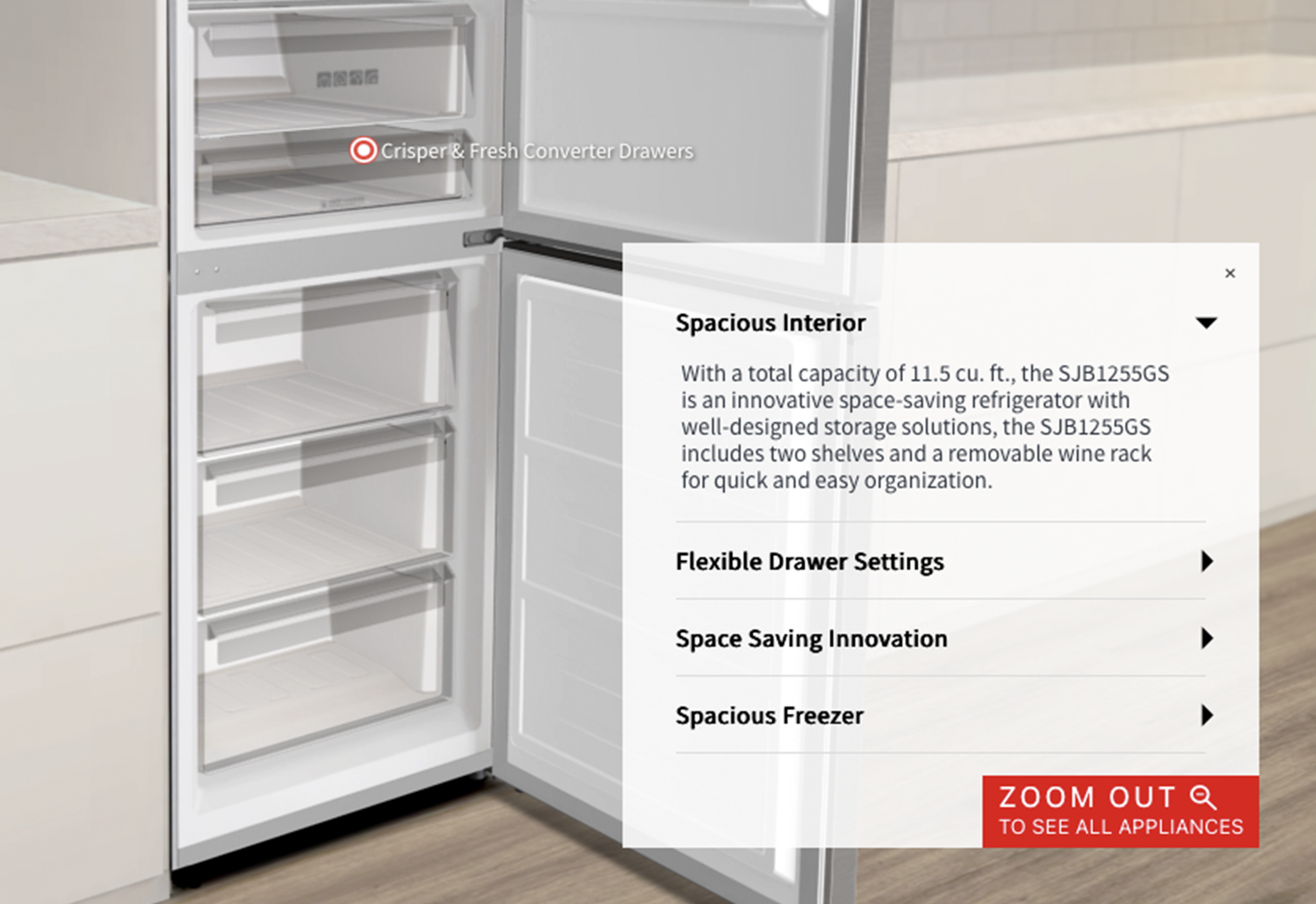 Open refrigerator showing crisper and fresh converter drawers with text overlay highlighting spacious interior features, flexible drawer settings, space saving innovation, and spacious freezer.