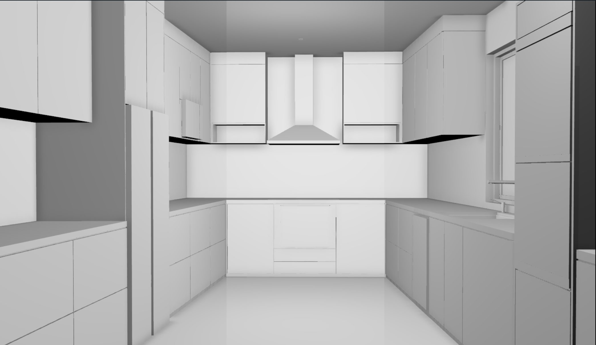Modern 24-inch kitchen design with U-shaped layout, featuring upper and lower cabinets, a range hood, and countertops.