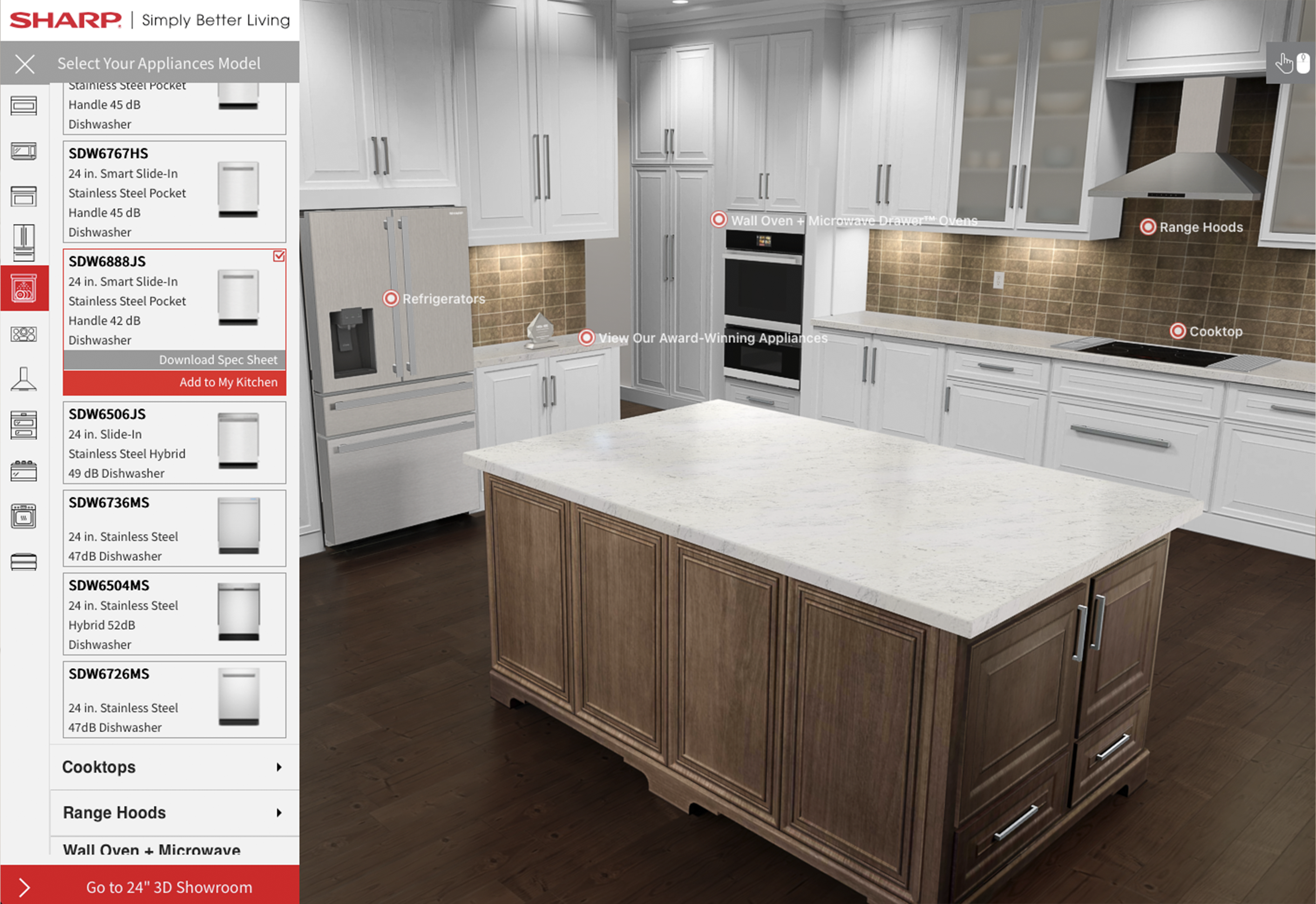 Modern kitchen with white cabinets, a large central island with a marble countertop, stainless steel refrigerator, built-in wall oven, microwave, range hood, and cooktop, displayed in a Sharp appliances virtual model selector interface.