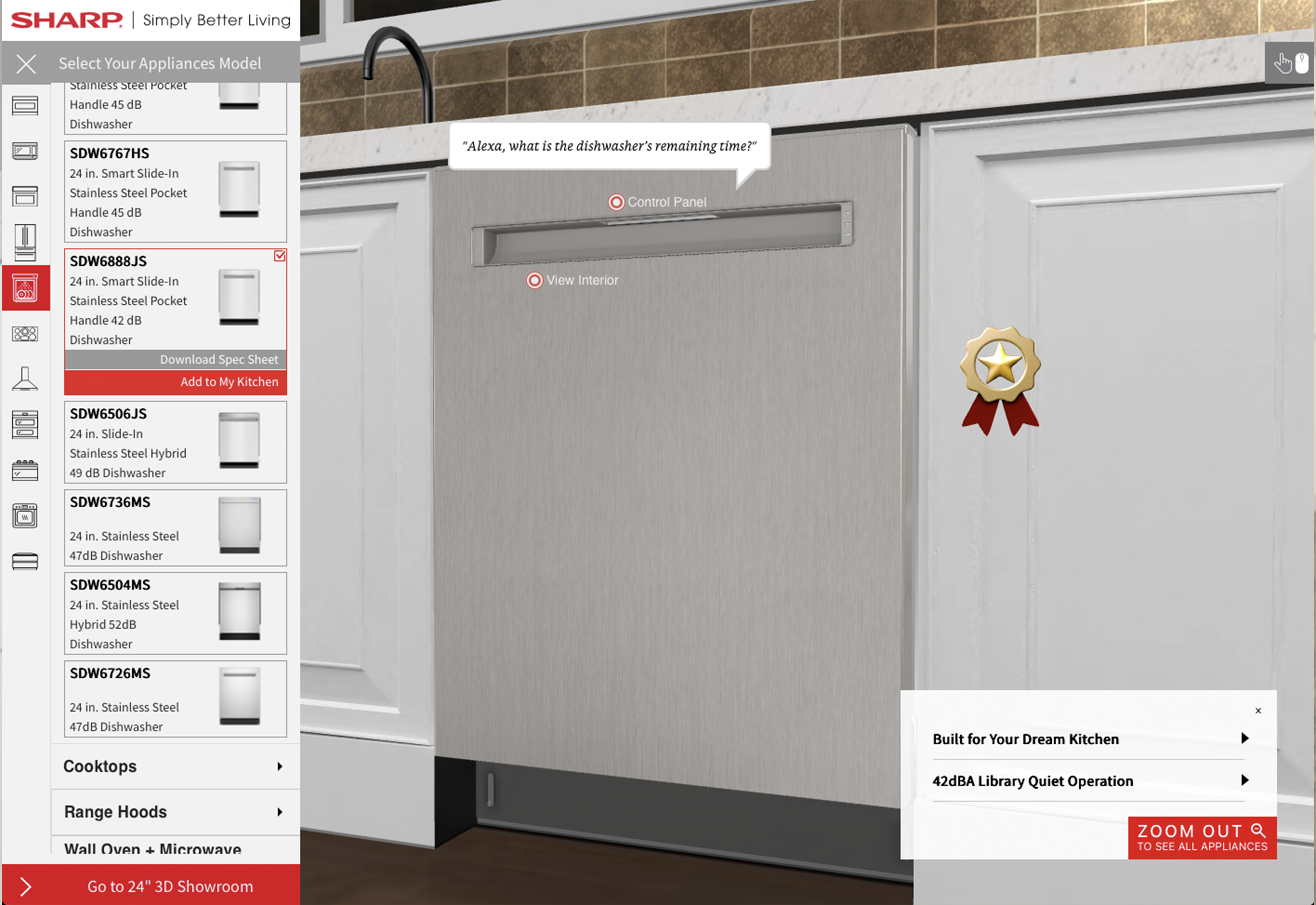 Sharp 24-inch smart slide-in stainless steel dishwasher in a kitchen setting with selection menu on the left and speech bubble saying, 'Alexa, what is the dishwasher's remaining time?'