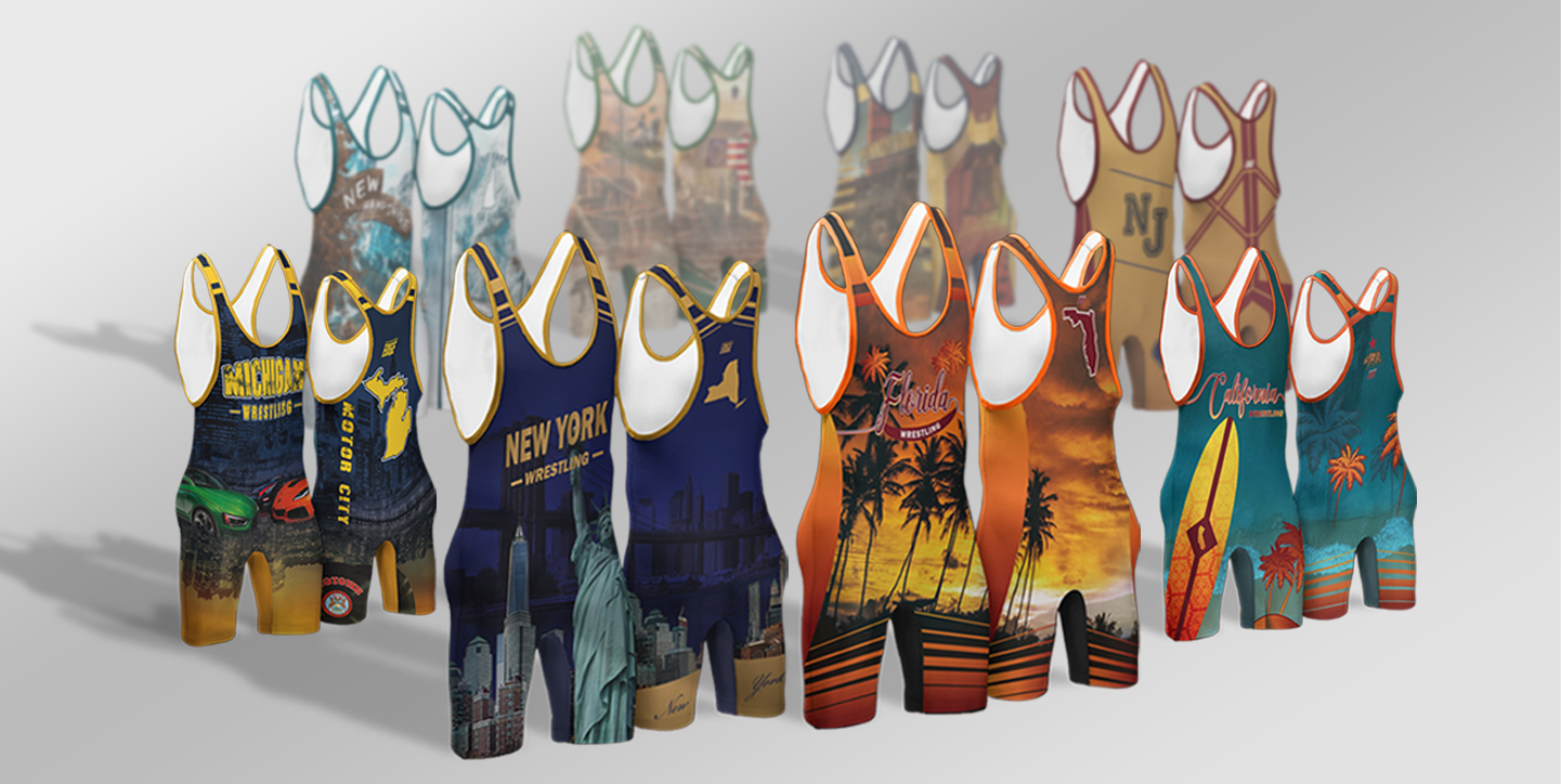 Row of colorful wrestling singlets featuring designs and names of U.S. states Michigan, New York, Florida, New Jersey, and California.