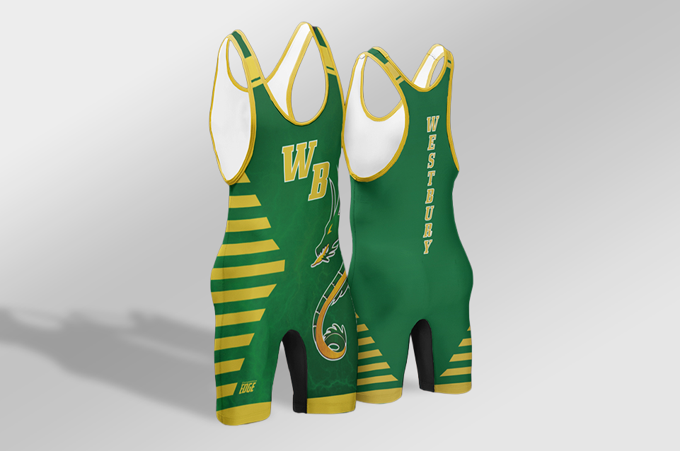 Green and yellow wrestling singlet with WB initials and a dragon graphic on the front, and WESTBURY printed vertically on the back.