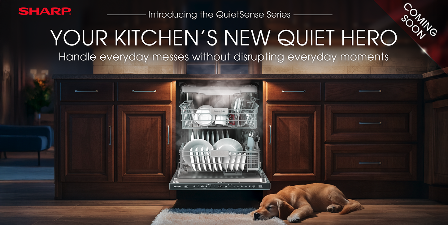 Open Sharp dishwasher with clean dishes inside in a cozy kitchen, a dog sleeping peacefully on a rug nearby, with text about QuietSense Series and coming soon.