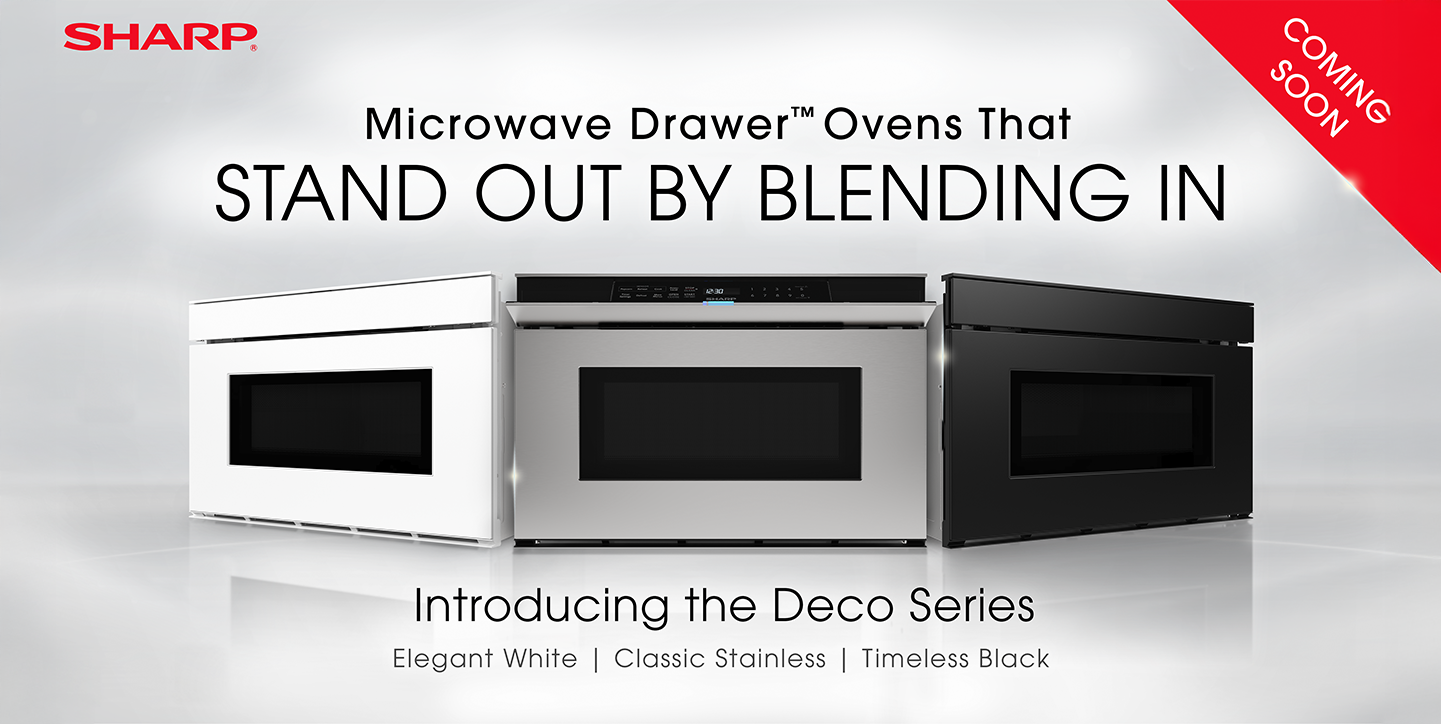 Three Sharp Microwave Drawer ovens in white, stainless steel, and black, labeled Deco Series with tagline 'Microwave Drawer Ovens That Stand Out by Blending In' and a red banner saying 'Coming Soon'.