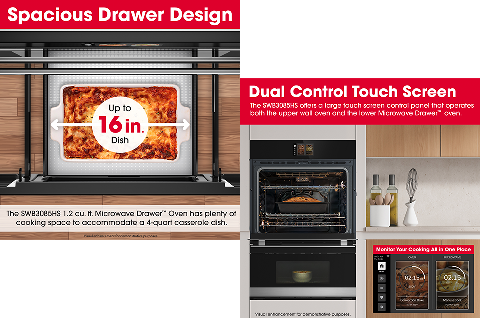 Microwave drawer oven with spacious 16-inch dish capacity and dual control touch screen for upper oven and microwave drawer, showing cooking monitoring interface.