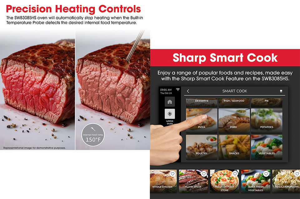 Side-by-side images of a steak showing a built-in temperature probe and Sharp Smart Cook touchscreen displaying food category options.