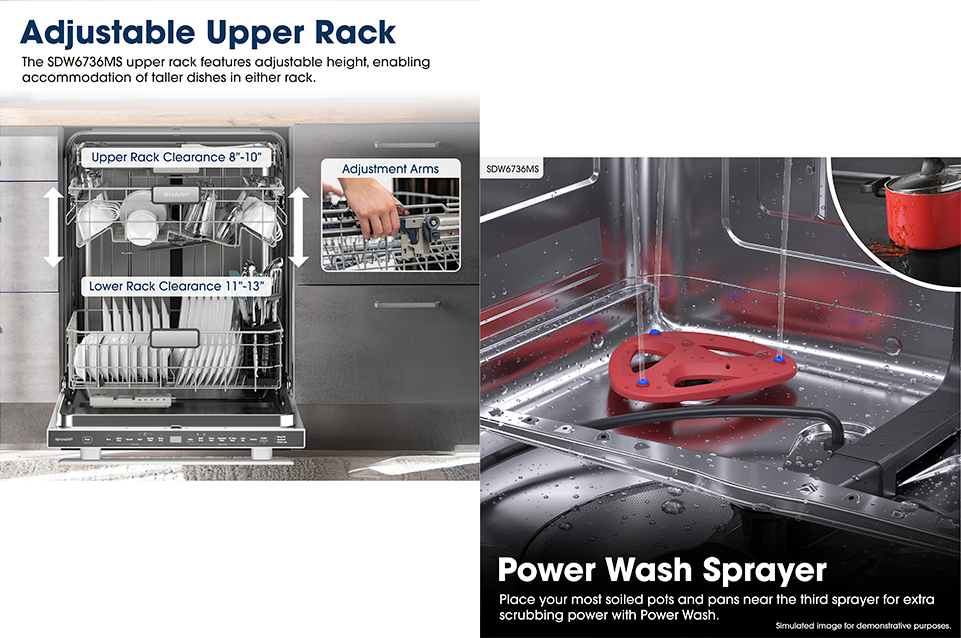 Dishwasher with adjustable upper rack showing clearance heights of 8 to 10 inches and lower rack 11 to 13 inches, hand adjusting rack arms, and close-up of Power Wash sprayer inside.