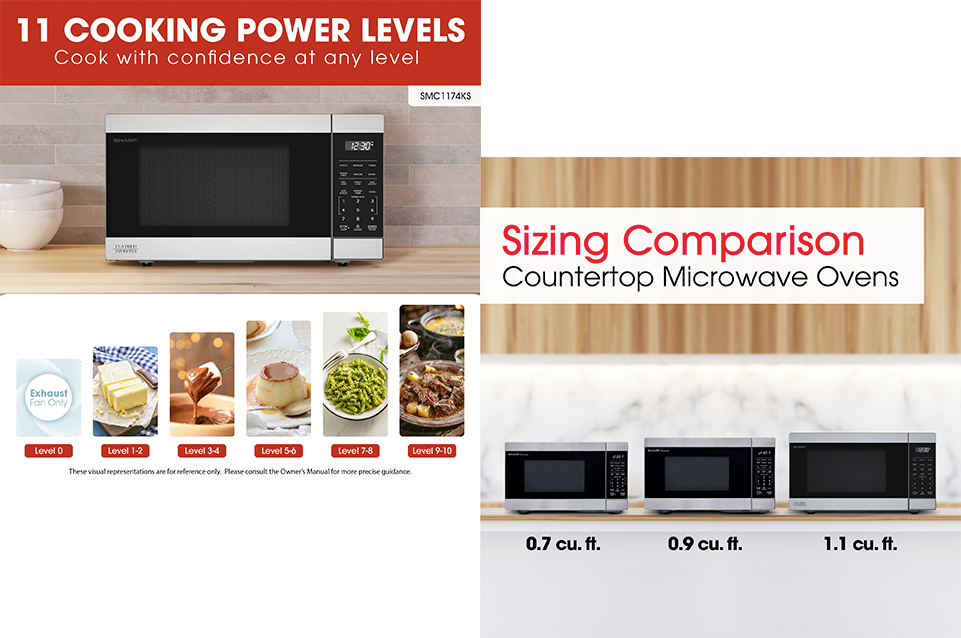 Sharp microwave oven with 11 cooking power levels and a sizing comparison of three countertop microwave ovens showing sizes 0.7, 0.9, and 1.1 cubic feet.