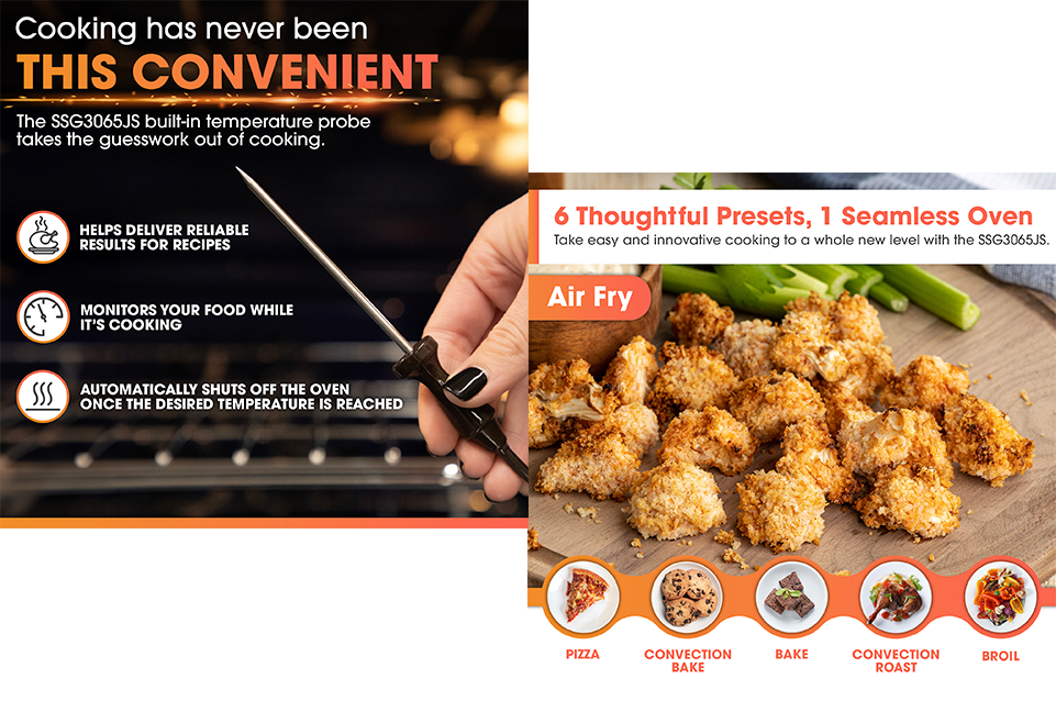 Hand holding a temperature probe in front of an oven, highlighting reliable cooking with the SSG3065JS probe and preset cooking modes including air fry, pizza, convection bake, bake, convection roast, and broil.