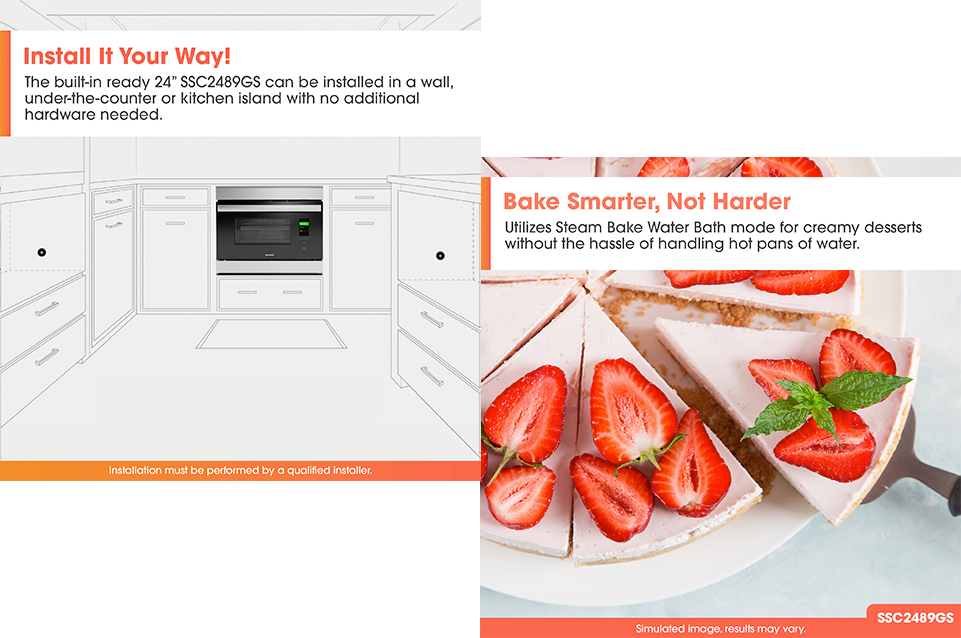 Left panel shows a kitchen sketch with a built-in 24-inch SSC2489GS oven installed under the counter; right panel displays a sliced strawberry cheesecake with fresh strawberries and mint leaves on top.