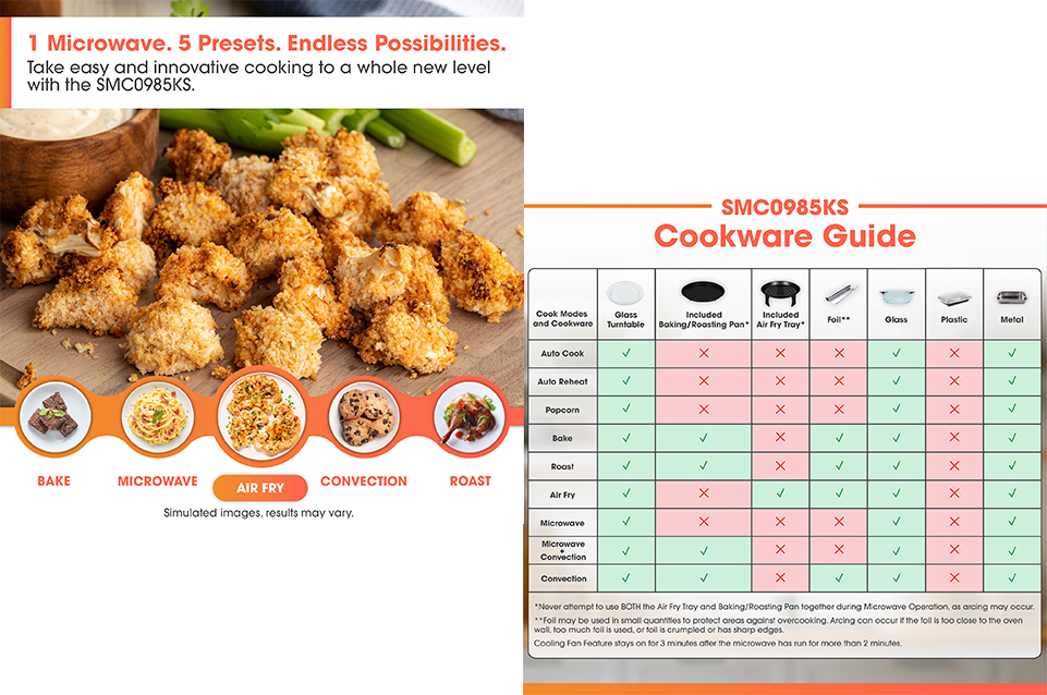 Cooked cauliflower pieces on a wooden board with fresh celery and a dipping sauce, accompanied by icons indicating cooking modes: Bake, Microwave, Air Fry, Convection, and Roast, plus a cookware guide chart showing compatibility of different cooking modes with glass turntable, baking/roasting pan, air fry tray, foil, glass, plastic, and metal cookware.
