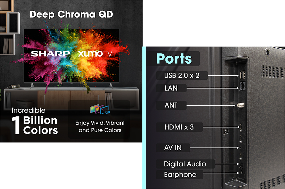 TV screen displaying Sharp and Xumo TV logos with colorful paint splash and text highlighting Deep Chroma QD technology and 1 billion colors, alongside a close-up of TV ports labeled USB 2.0 x 2, LAN, ANT, HDMI x 3, AV IN, Digital Audio, and Earphone.